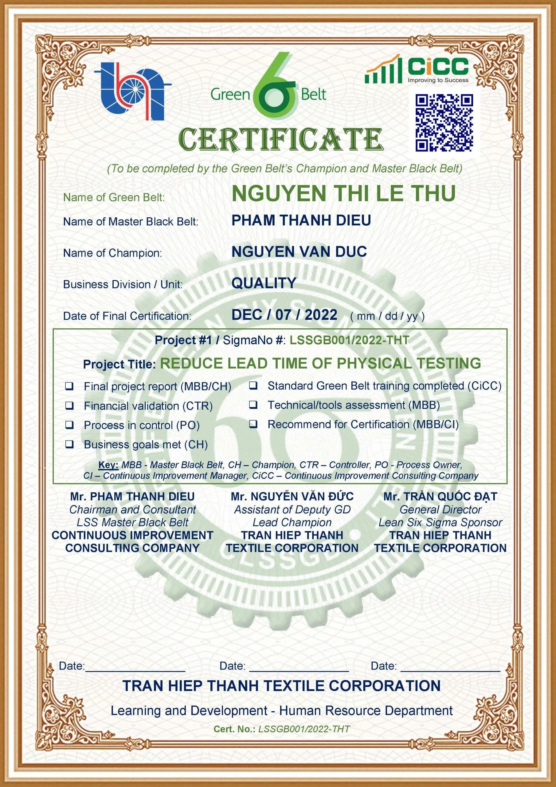 Green Belt Certification (THU)