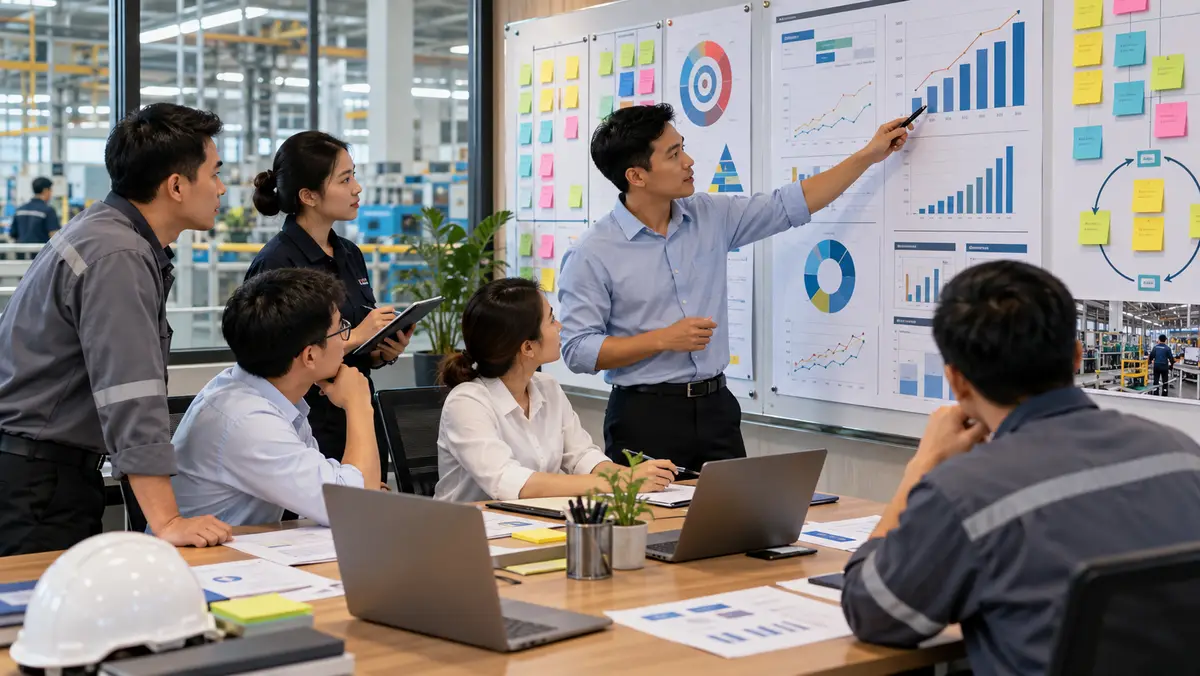 Đội ngũ doanh nghiệp phân tích KPI và OKR trên dashboard mục tiêu