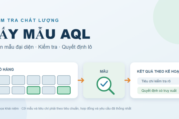 Sơ đồ lấy mẫu AQL: chọn mẫu đại diện từ lô hàng, kiểm tra theo kế hoạch và ghi nhận quyết định.