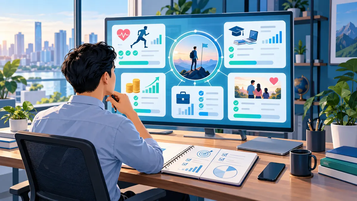 Cá nhân theo dõi mục tiêu công việc sức khỏe học tập và tài chính trên dashboard