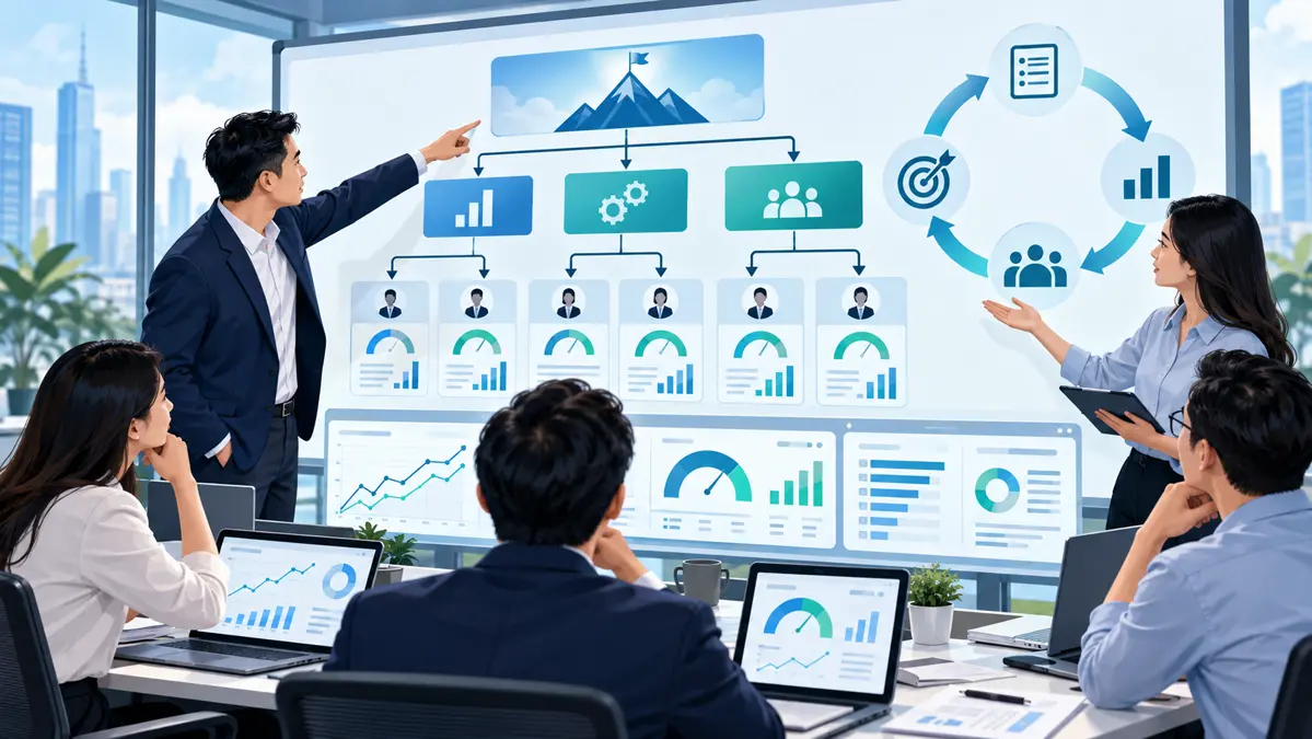 Nhóm quản lý phân rã mục tiêu thành KPI theo công ty phòng ban và cá nhân