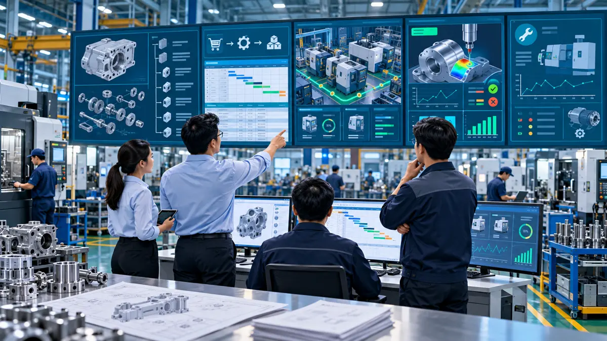 Đội ngũ nhà máy cơ khí quản lý LeanERP MRP MES QMS trên dashboard