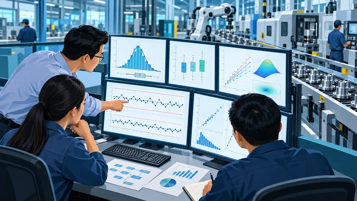 Kỹ sư chất lượng phân tích dữ liệu Minitab với biểu đồ SPC DOE và kiểm định