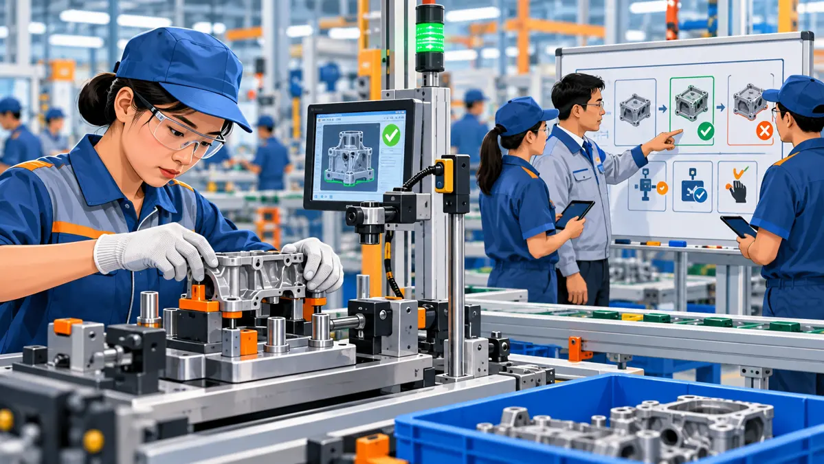 Thiết bị Poka-Yoke dùng cảm biến và đồ gá để phòng ngừa sai lỗi sản xuất