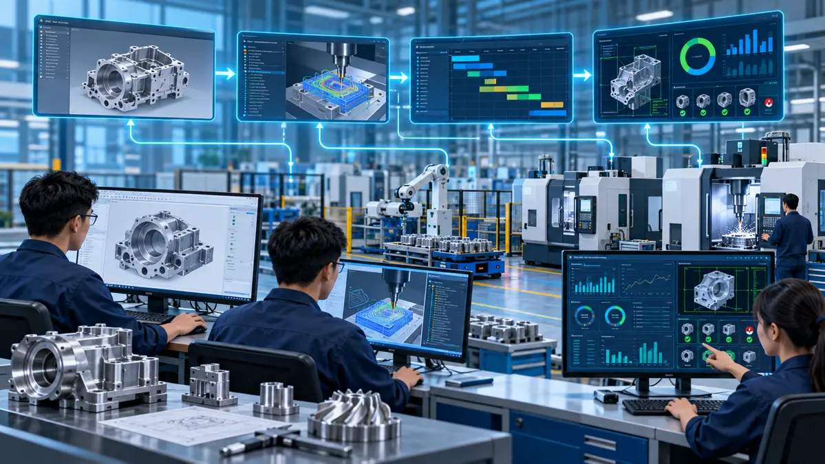 Kỹ sư sử dụng phần mềm CAD CAM MES và LeanERP trong nhà máy cơ khí