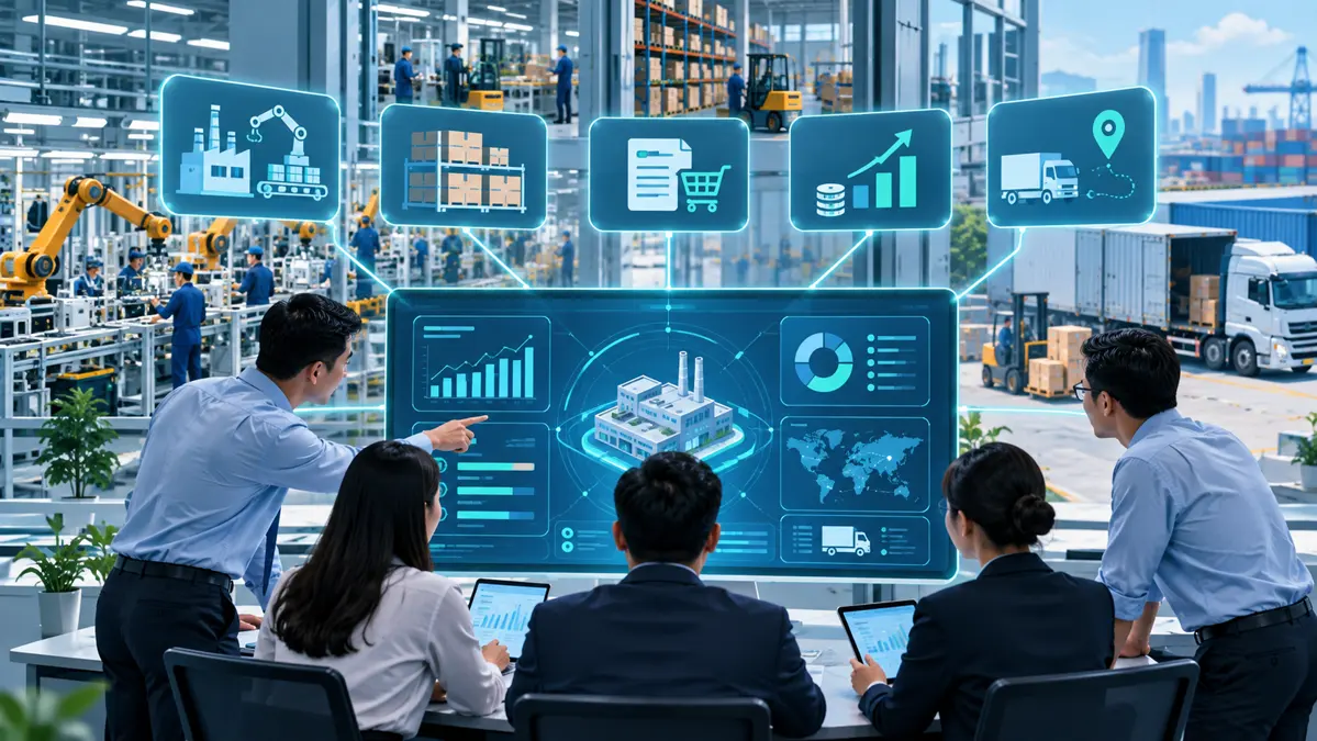Đội ngũ doanh nghiệp kết nối ERP sản xuất chuỗi cung ứng và tài chính