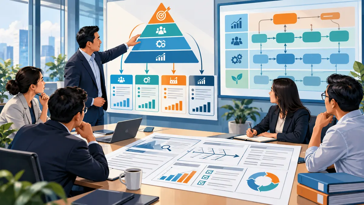 Sơ đồ minh họa Hoshin Kanri và A3 Planning để liên kết ưu tiên chiến lược với kế hoạch thực hiện