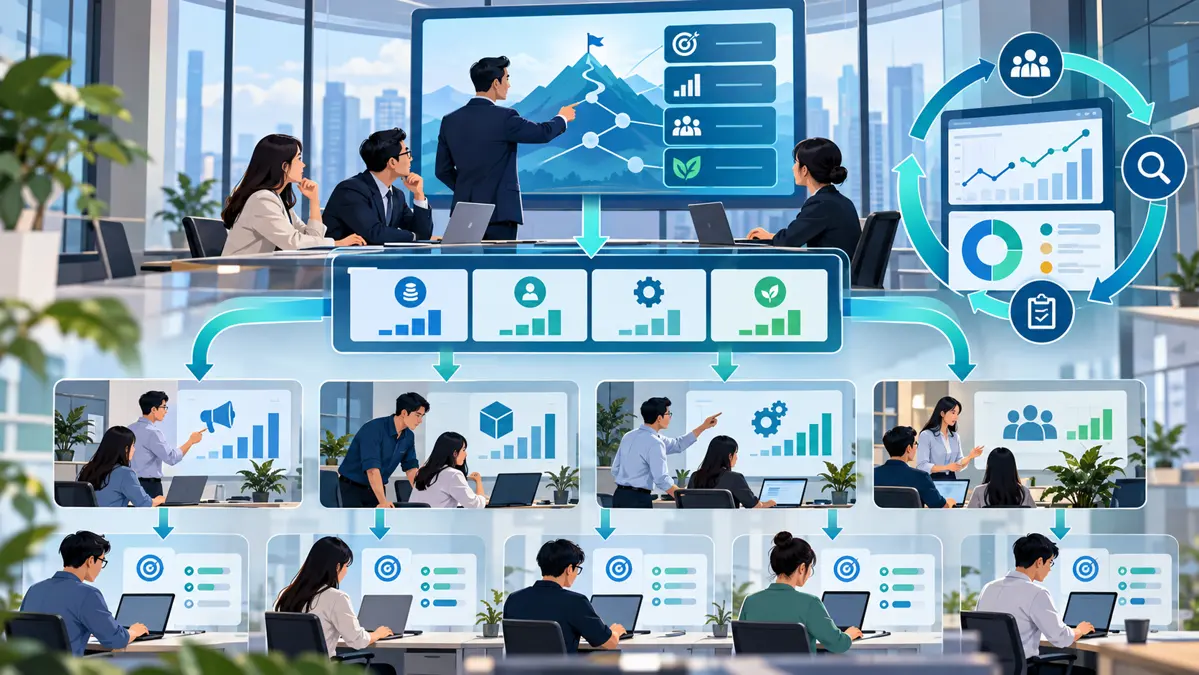 Sơ đồ BSC KPI OKR liên kết chiến lược, chỉ số và mục tiêu theo chu kỳ