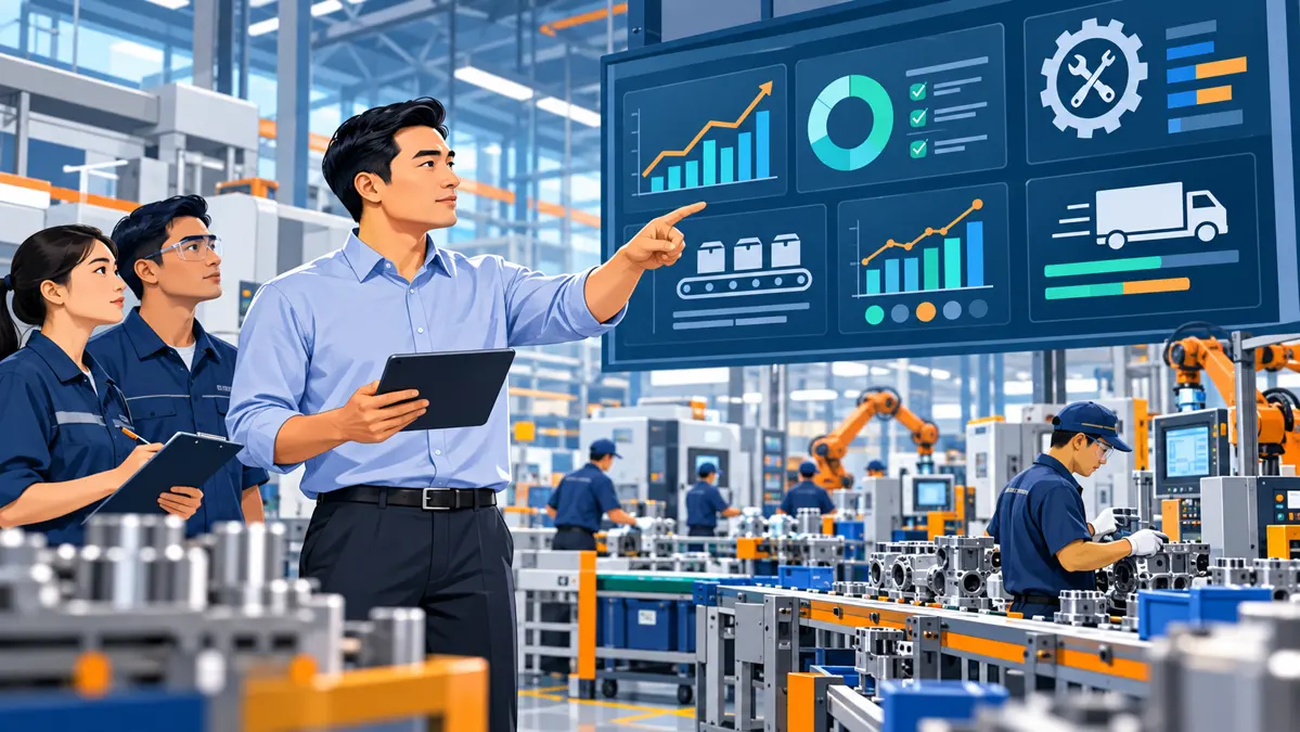 Production manager điều hành nhà máy bằng dashboard KPI chất lượng giao hàng và bảo trì